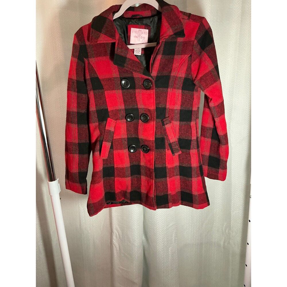 Vine and Valley Red Black Plaid Wool Blend Pea Coat Women's Size 14 Jacket